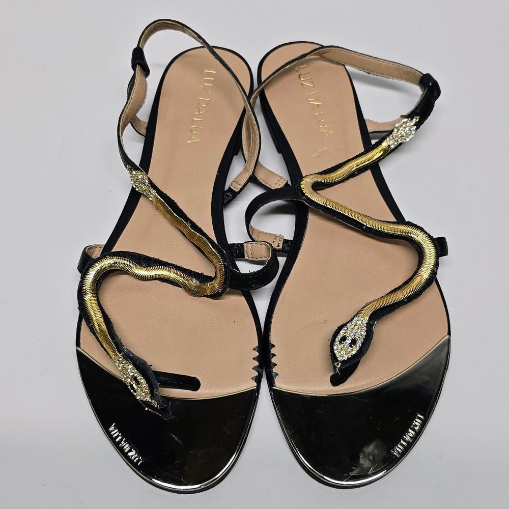 LUZ DA LUA Black Sandals Gold Metal Rhinestones Snake Accent Women's Size 9